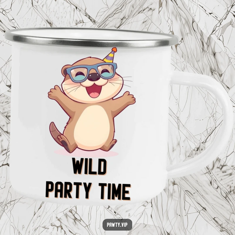 Funny Otter Camping Mug with a joyful otter in tiny party glasses, leaping energetically, durable and portable.