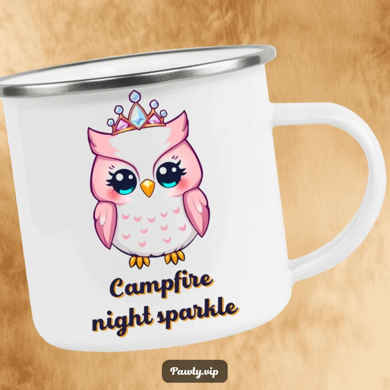 Funny Owl Camping Mug: A charming owl adorned with a jeweled tiara, celebrating outdoor adventures with regal humor.