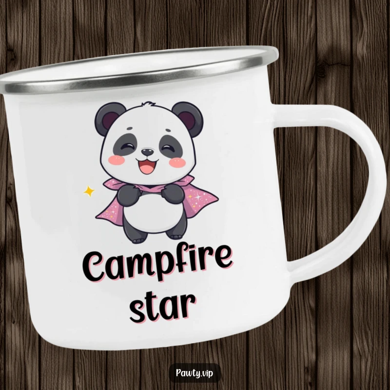 Funny camping mug featuring a giggling panda character wearing a sparkly cape, designed for outdoor enthusiasts.
