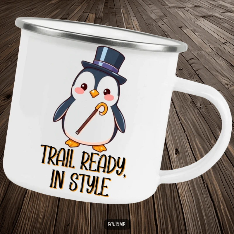 Funny camping mug showing a stylish penguin character holding a tiny top hat and cane, perfect for outdoor adventures.