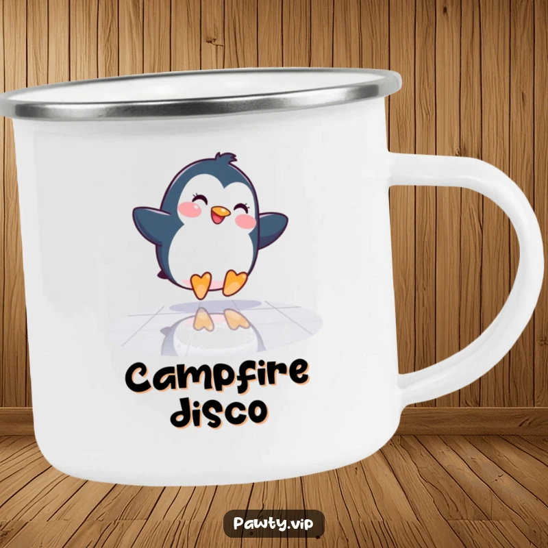 Funny Penguin Camping Mug: A happy penguin slides across a mirrored dance floor, celebrating adventures with humorous coolness.