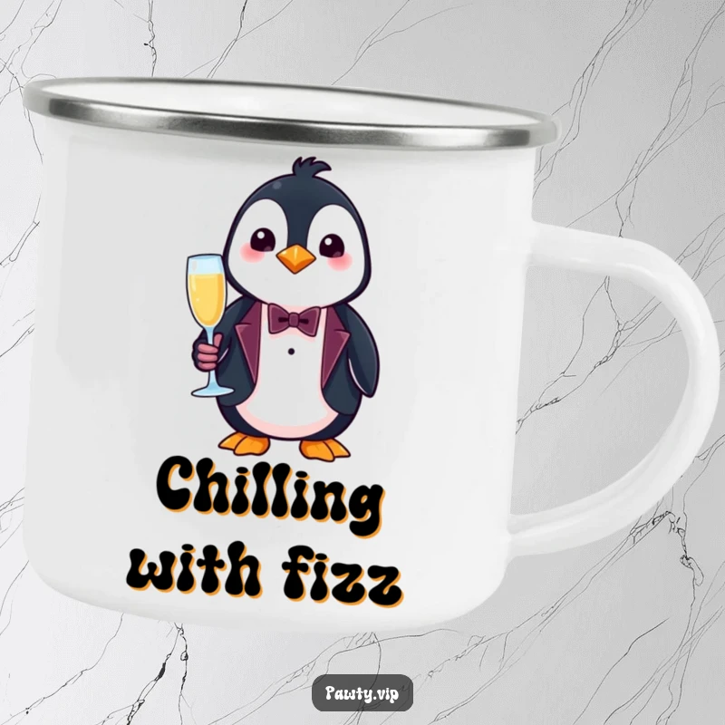 Funny penguin camping mug, a sturdy outdoor mug with a penguin in a tuxedo and champagne.