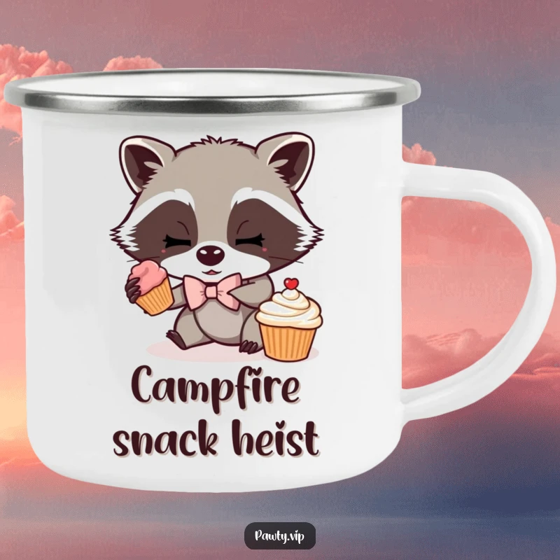 Funny camping mug featuring a mischievous raccoon wearing a bow tie, sneaking a cupcake, designed for ruggedness and humorous outdoor enjoyment.