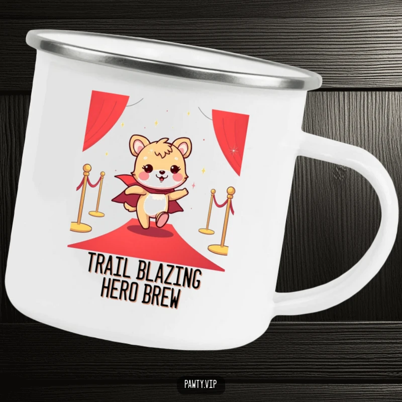Funny camping mug of a cheerful animal in a sparkly cape posing on a red carpet, ready for adventure.