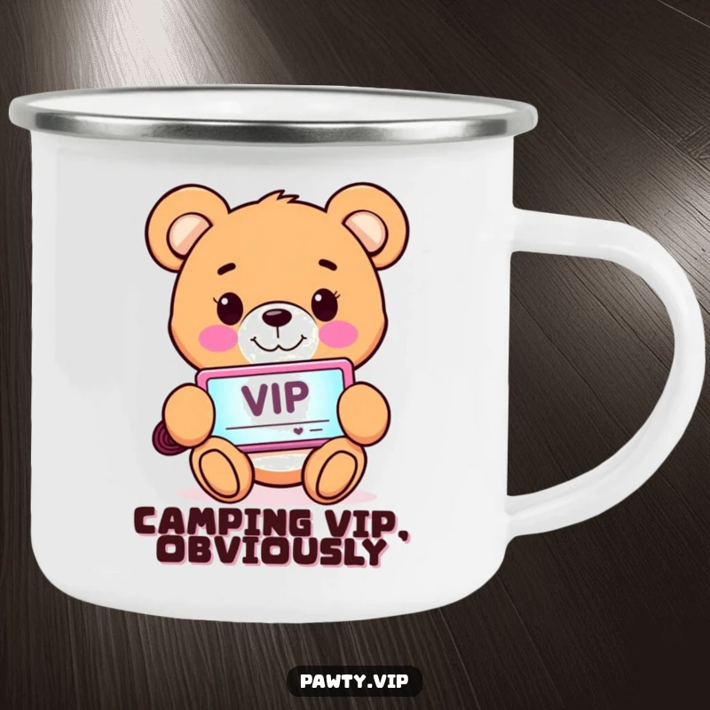 Funny Camping Mug with a smiling teddy bear character holding a glowing VIP pass, perfect for outdoor enjoyment.