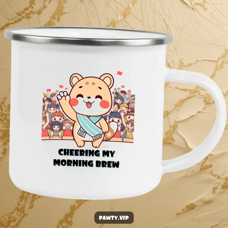 Funny Camping Mug showcasing a cute animal with a miniature sash, waving at a cheering audience. Durable and humorous for champions.
