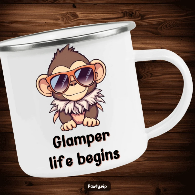 Funny monkey camping mug, a durable outdoor mug with a monkey in sunglasses and a boa.