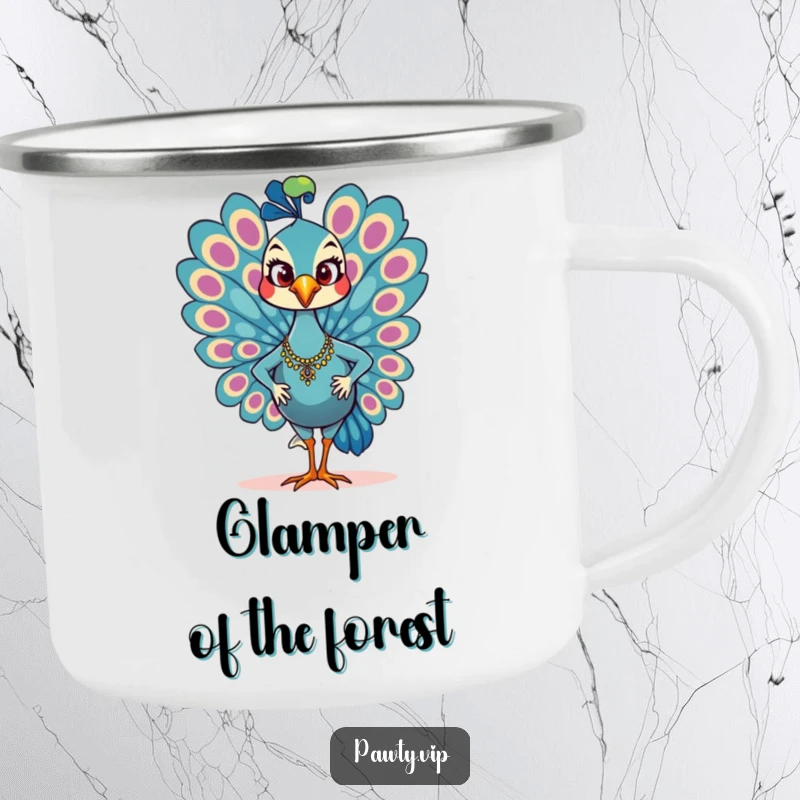 Funny Camping Mug featuring a glamorous peacock character strutting confidently, perfect for outdoor adventures and morning coffee.