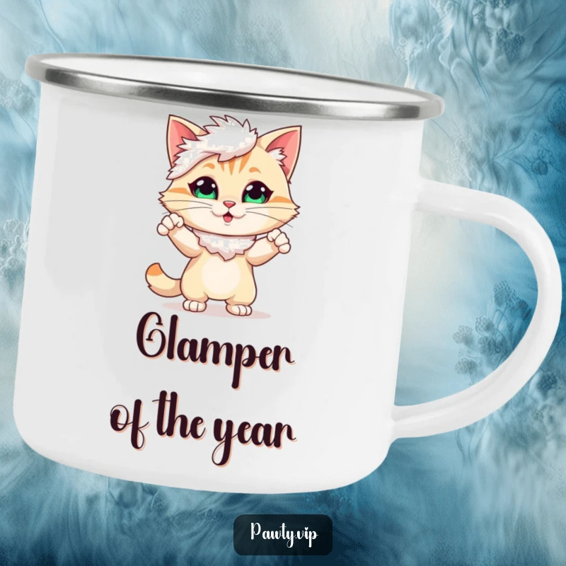 Funny Camping Mug featuring a cute cat character in a feather boa, striking a dramatic pose by a campfire.