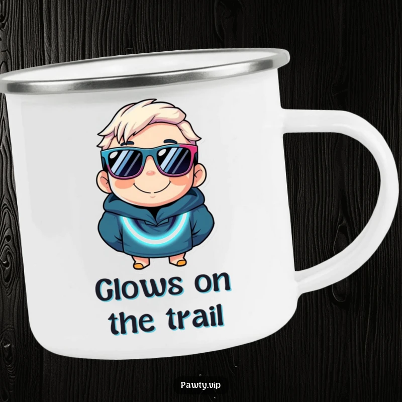 Funny camping mug with a character in oversized sunglasses and a flashy neon necklace, ready for outdoor fun and laughs.
