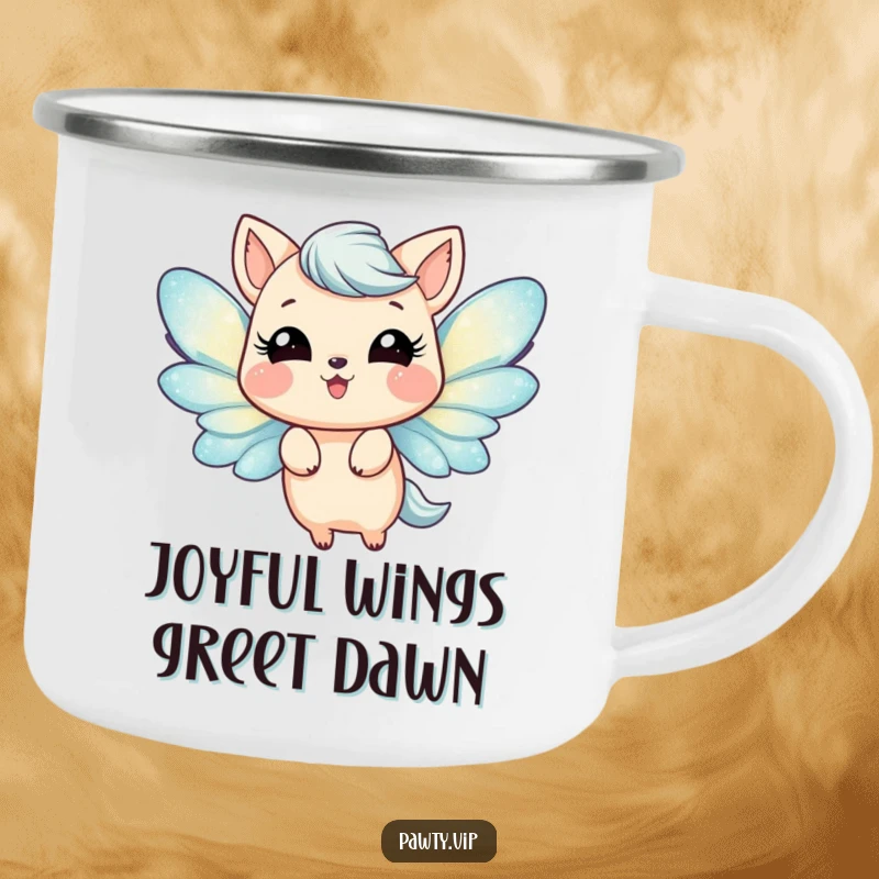 Funny Camping Mug showcasing a cute animal with sparkling glittery wings, joyfully fluttering. Durable and cheerful for any adventure.