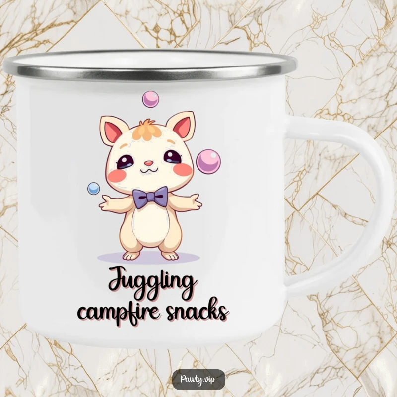 Funny Camping Mug showcasing a creature in a tiny bow tie, juggling shiny spheres. Durable and humorous for outdoor excursions.