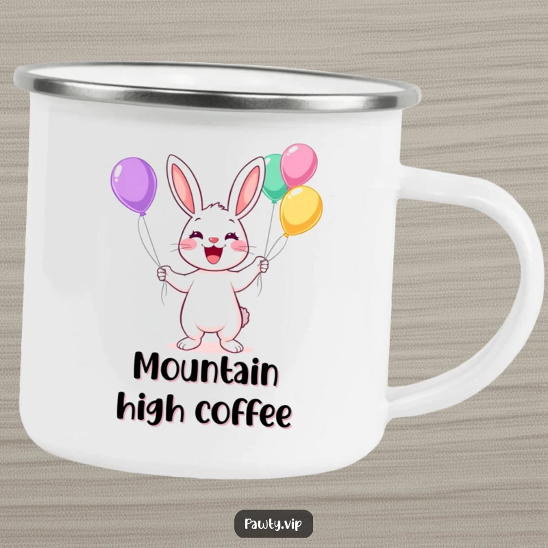 Funny Kawaii rabbit juggling colorful balloons with a wide grin on a tough camping mug, ideal for outdoor fun.