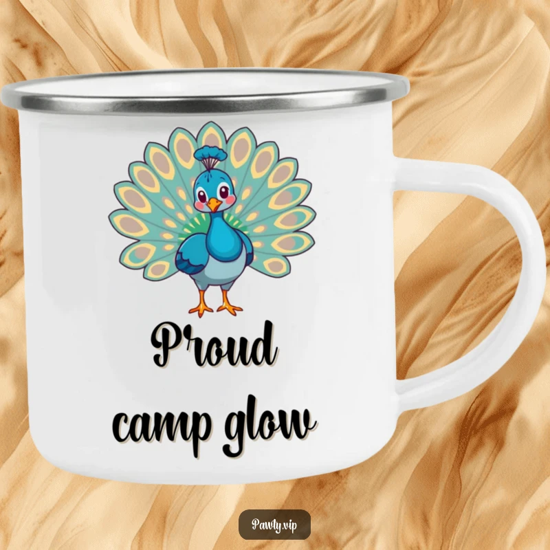 Funny peacock fanning its tail feathers, a durable and funny camping mug for proud outdoor moments.