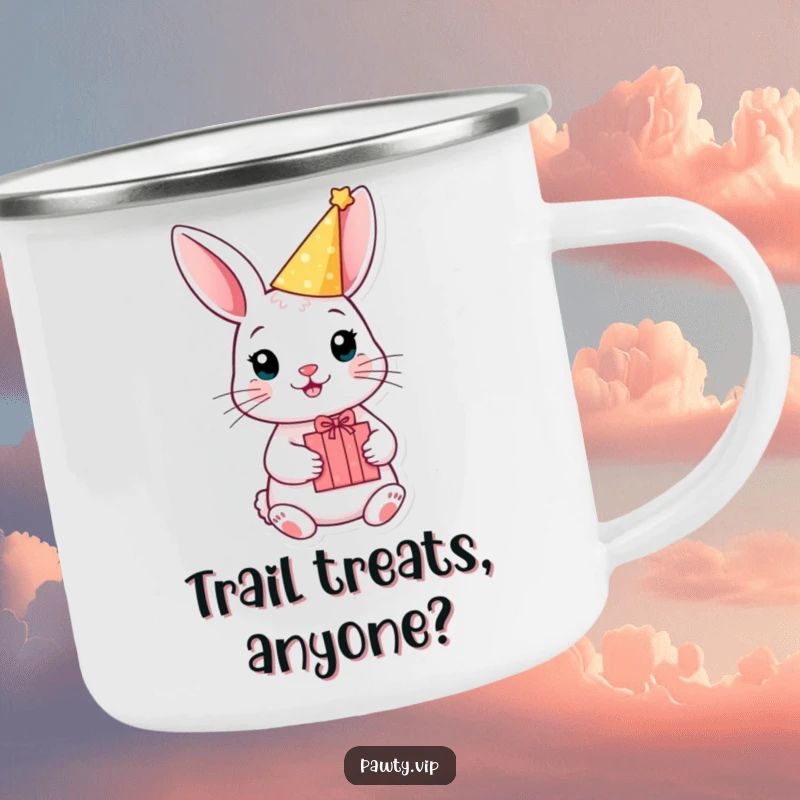 Funny rabbit camping mug with a party hat and gift box, ready for humorous outdoor celebrations.