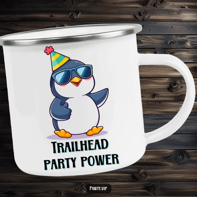 Funny kawaii penguin character in party gear giving a thumbs up, depicted on a durable camping mug for humorous outdoor enjoyment.