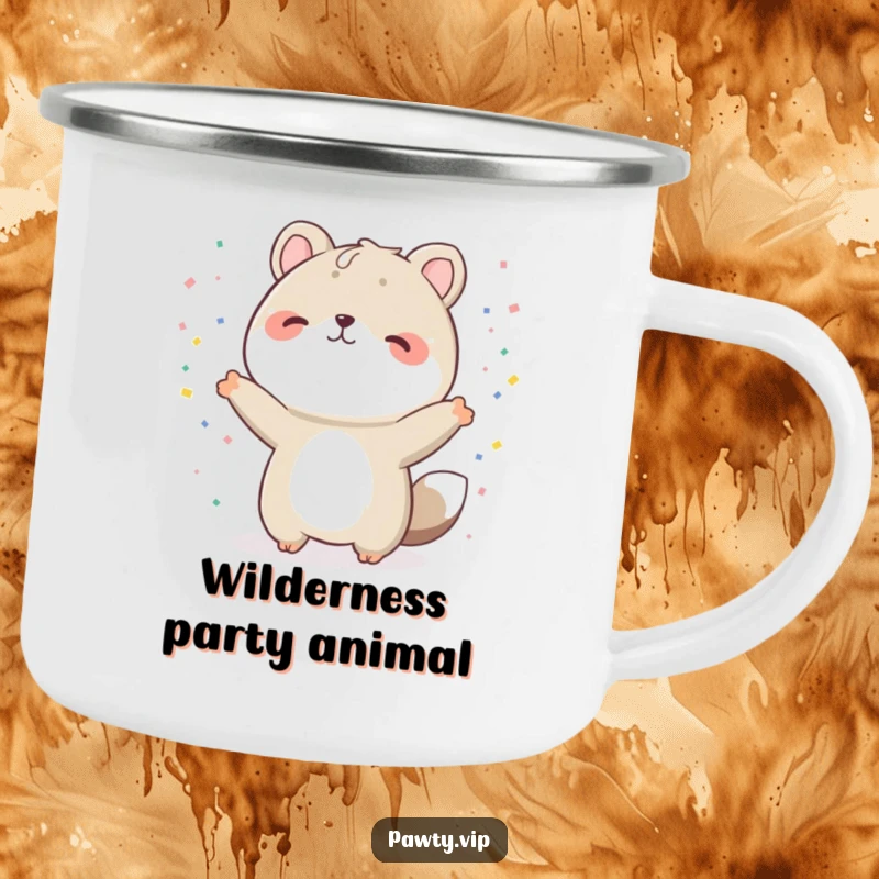Funny animal camping mug, character in a celebratory pose with confetti, ideal for outdoor adventures and a funny gift for enthusiasts.