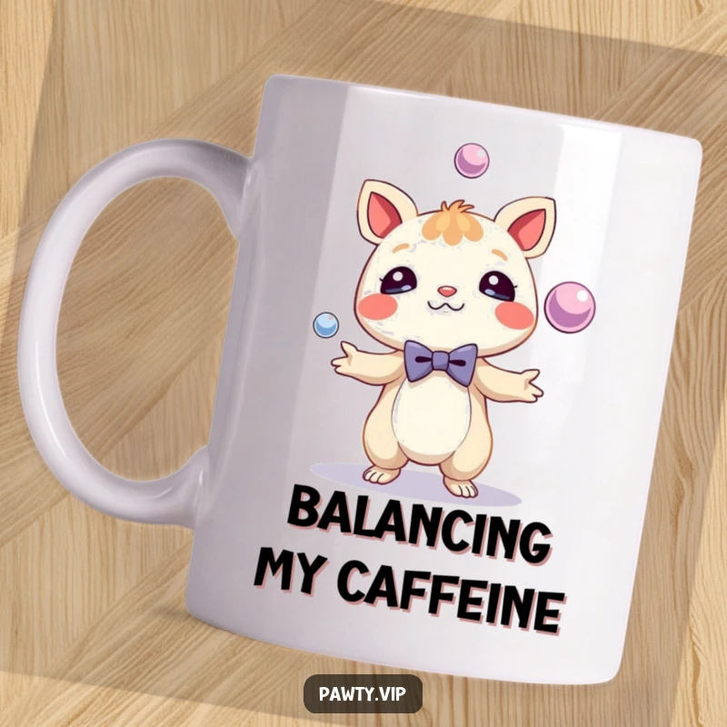 Funny Mug showing a sophisticated creature wearing a tiny bow tie, skillfully juggling shiny spheres. Capturing playful skill and dapper charm.