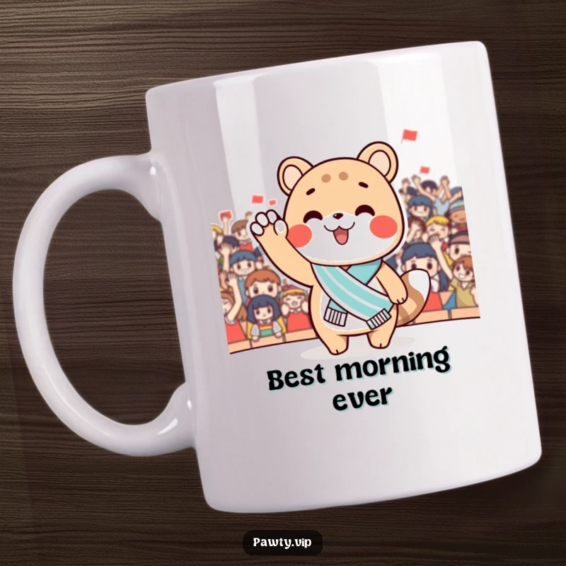 Funny Mug showing a cute animal character wearing a miniature sash, waving triumphantly at a cheering crowd. Celebrating victory and adoration.