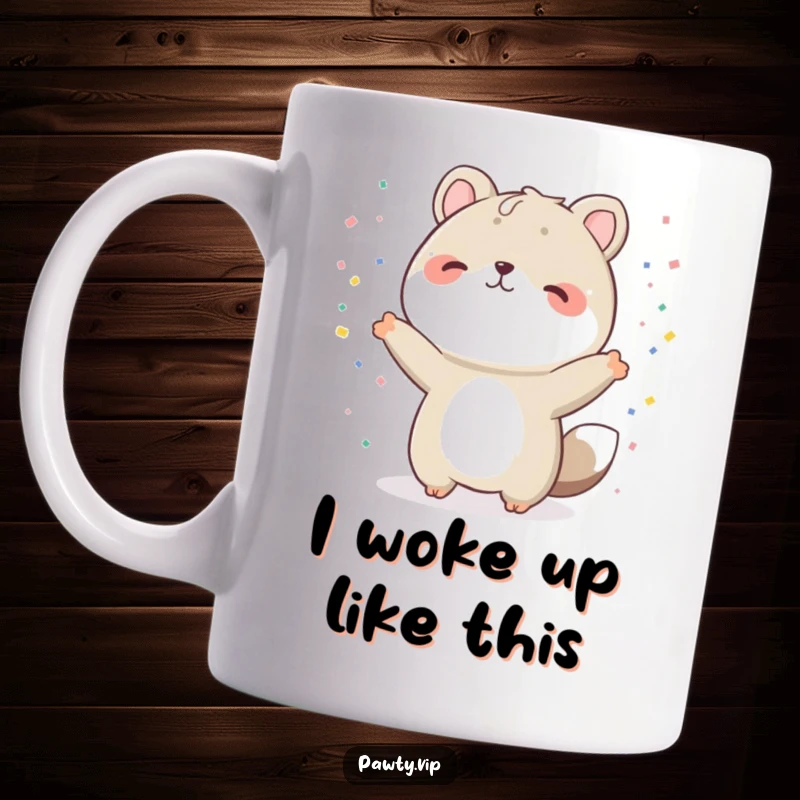Funny animal mug with confetti raining down, striking a jubilant celebratory pose, perfect for a funny and festive gift.