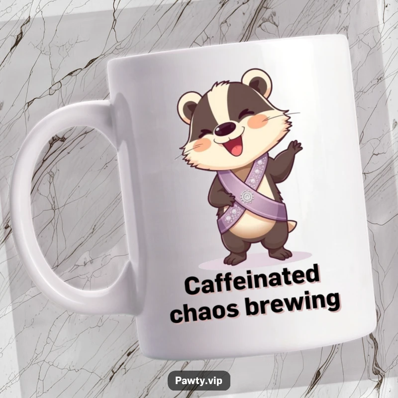 Funny Mug: A giggling badger in a sparkly sash happily dances, radiating pure fun and infectious energy, perfect for a cheerful start.