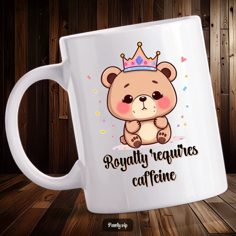 Funny bear queen mug with a sparkly crown blowing colorful confetti, exuding a celebratory and majestic humorous vibe.