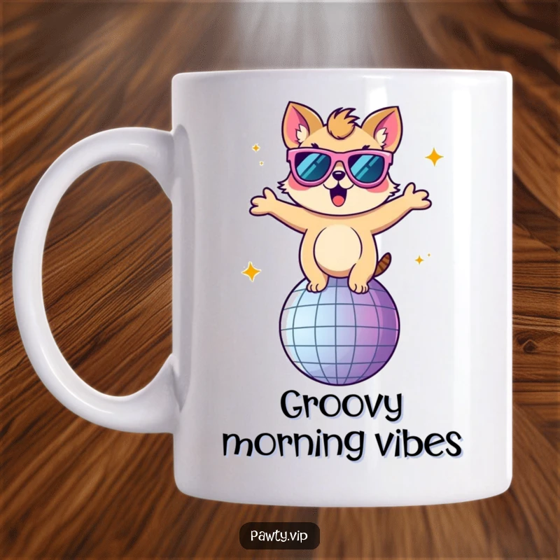 Funny mug with an animal character wearing oversized sunglasses, energetically dancing atop a glittering disco ball.