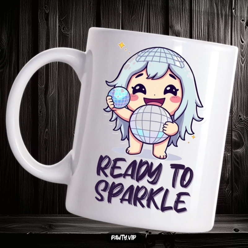 Funny mug showing a cheerful character holding a glittering disco ball with a wide grin, radiating pure joy and fun.