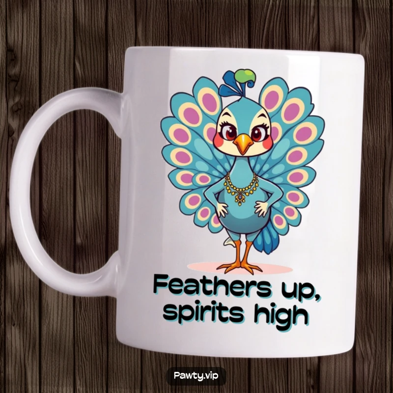 Funny Mug featuring a glamorous peacock character strutting confidently with a huge smile, showcasing its colorful feathers.