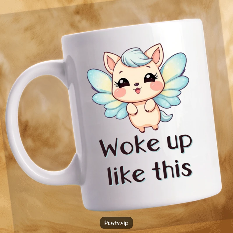 Funny Mug of a cute animal character with sparkling glittery wings, fluttering around joyfully. Capturing pure happiness and lighthearted fun.