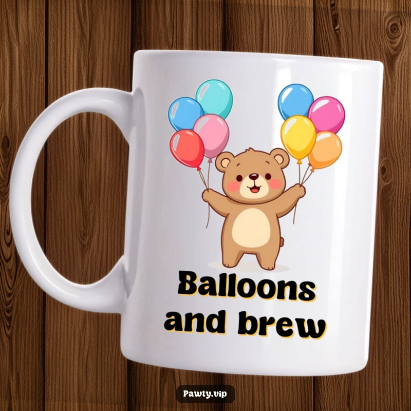 Funny, cheerful bear character happily juggling colorful balloons on a mug, conveying pure joy and celebratory fun.