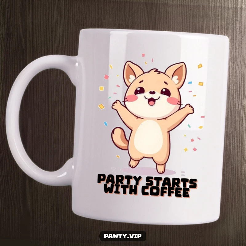 Funny kawaii animal character dancing joyfully amidst falling confetti on a funny mug.