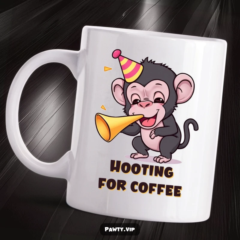 Funny Kawaii chimpanzee character joyfully blowing a party horn with great enthusiasm, a celebratory mug.