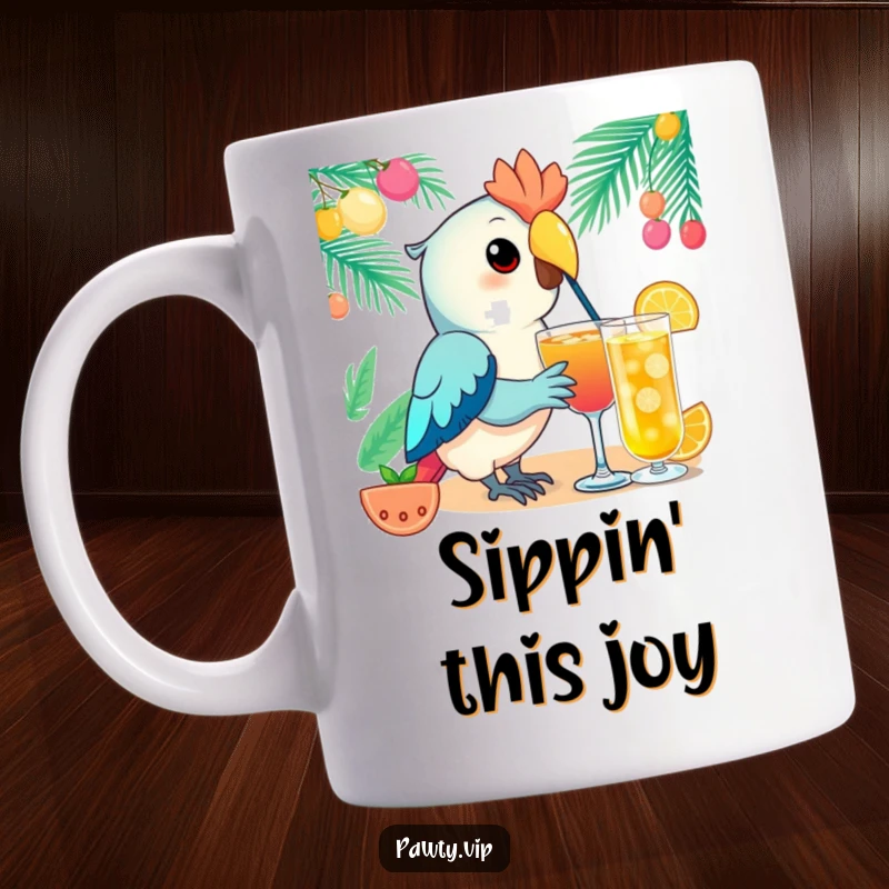 Funny Kawaii parrot mug showing an elegant parrot character gracefully sipping a festive drink, radiating tropical cheer and relaxation.