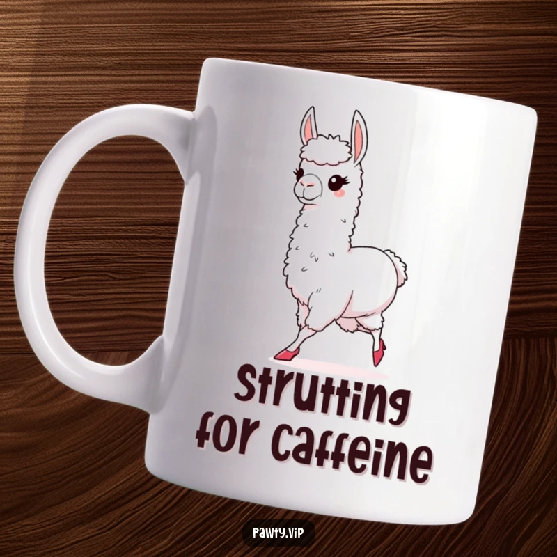 Funny mug showcasing a chic llama elegantly wearing tiny high heels, strutting with undeniable confidence and fabulous style.