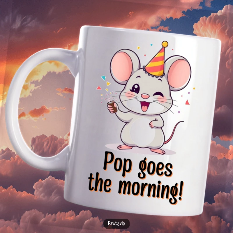 Funny mouse mug, a cheerful mouse character happily firing a party popper with confetti exploding.