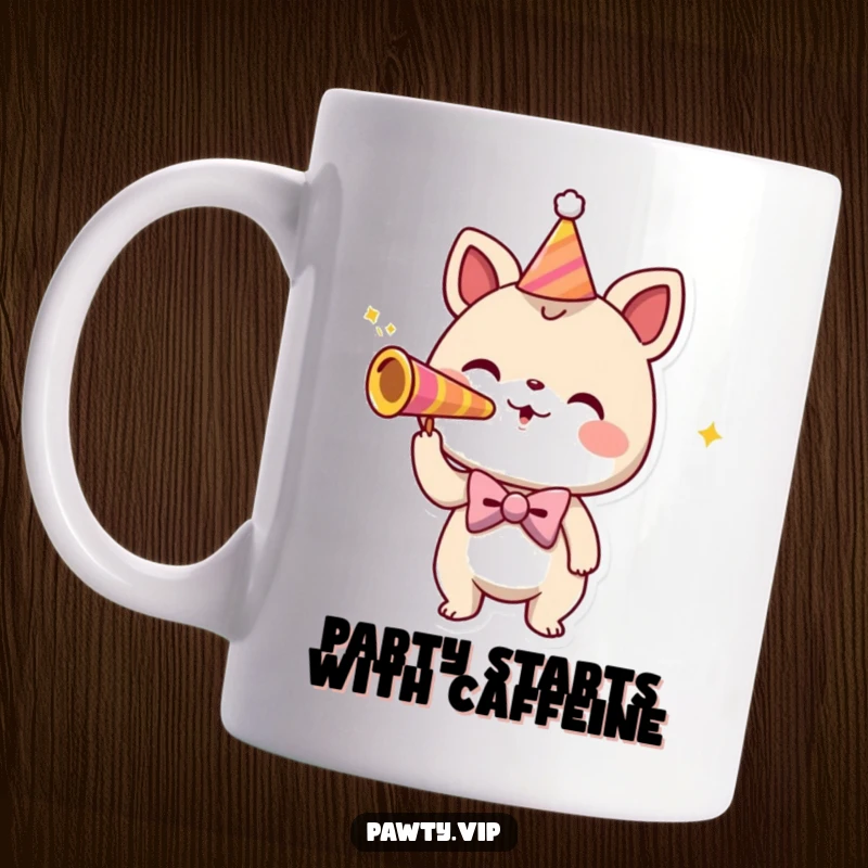 Funny mug with a playful creature in a bowtie enthusiastically blowing a colorful party horn, ready to celebrate.