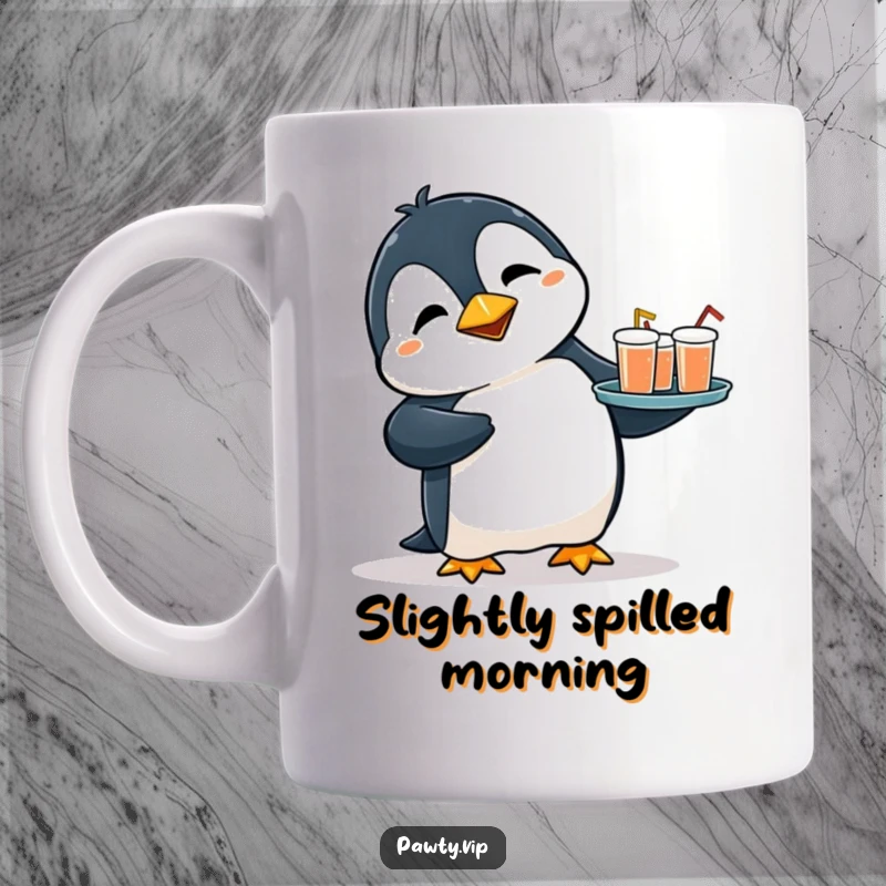 Funny mug showing a flustered penguin stumbling slightly while precariously balancing a tray filled with tiny drinks, capturing a moment of endearing clumsiness.