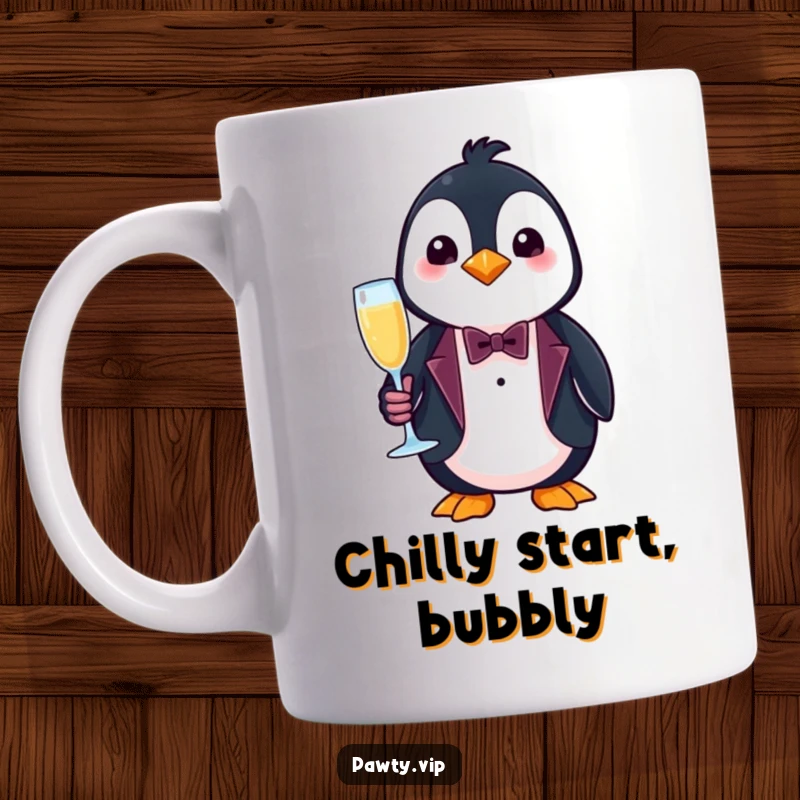 Funny penguin mug, a dapper penguin in a tiny tuxedo holding a champagne flute, ready to toast.