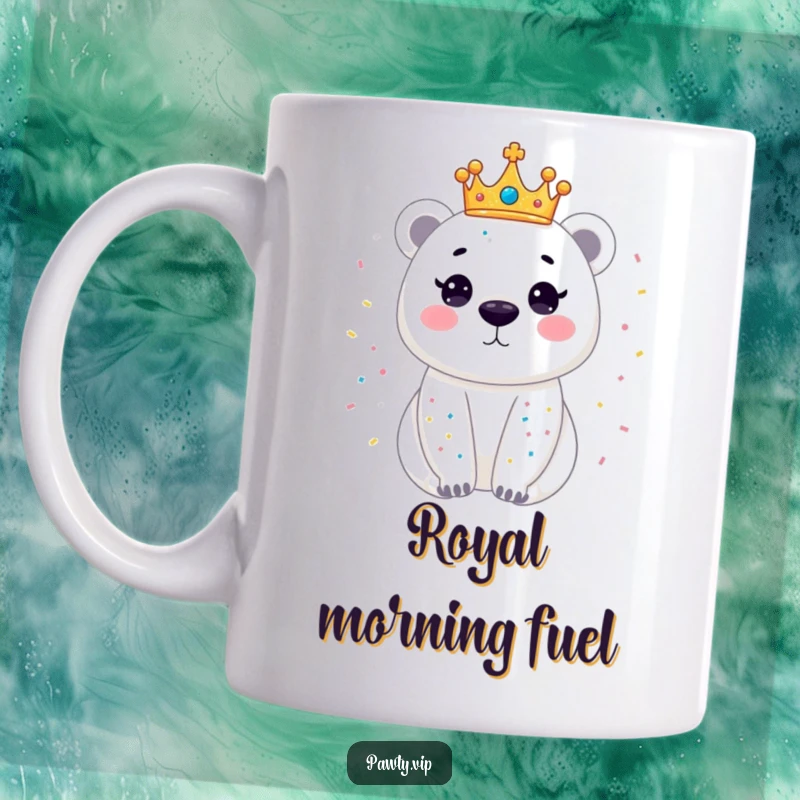 Funny mug showcasing a dazzling polar bear adorned in a tiny crown, joyfully sparkling with confetti, celebrating in regal style.