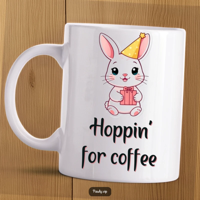 Funny rabbit wearing a party hat, holding a gift box, radiating excitement and humorous birthday vibes.