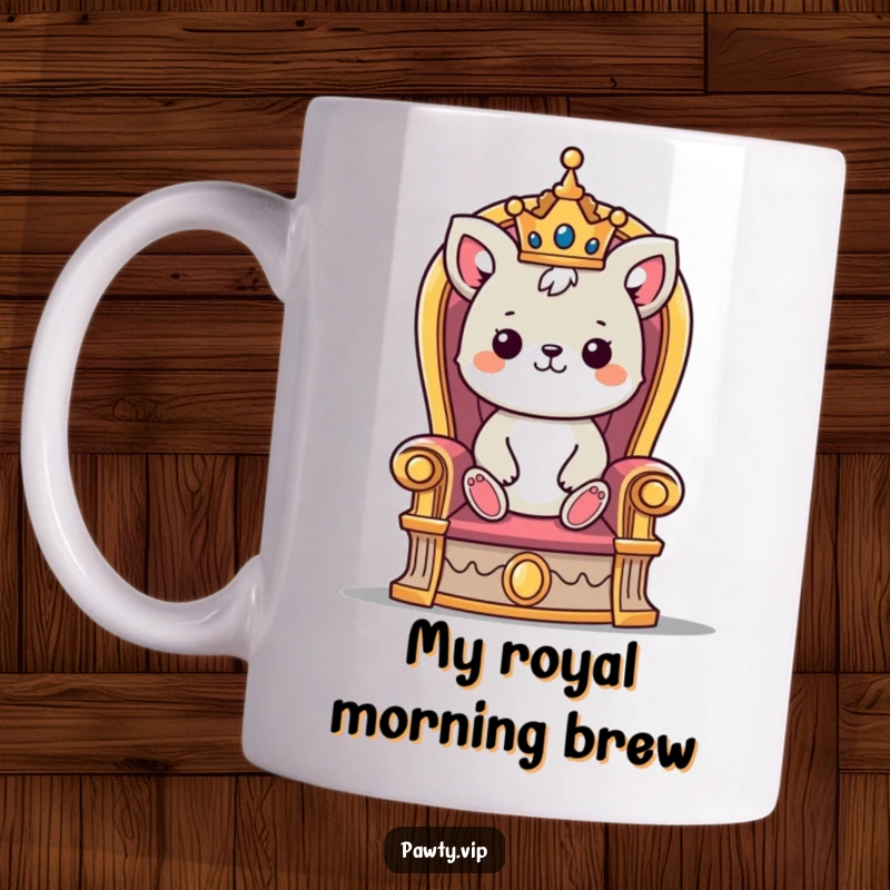 Funny mug with a cute animal character in a tiny crown sitting proudly on a golden throne, exuding royal charm.