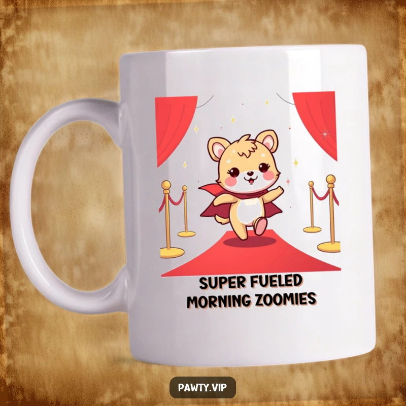 Funny mug showcasing a cheerful animal character in a sparkly cape, triumphantly dashing across a vibrant red carpet.
