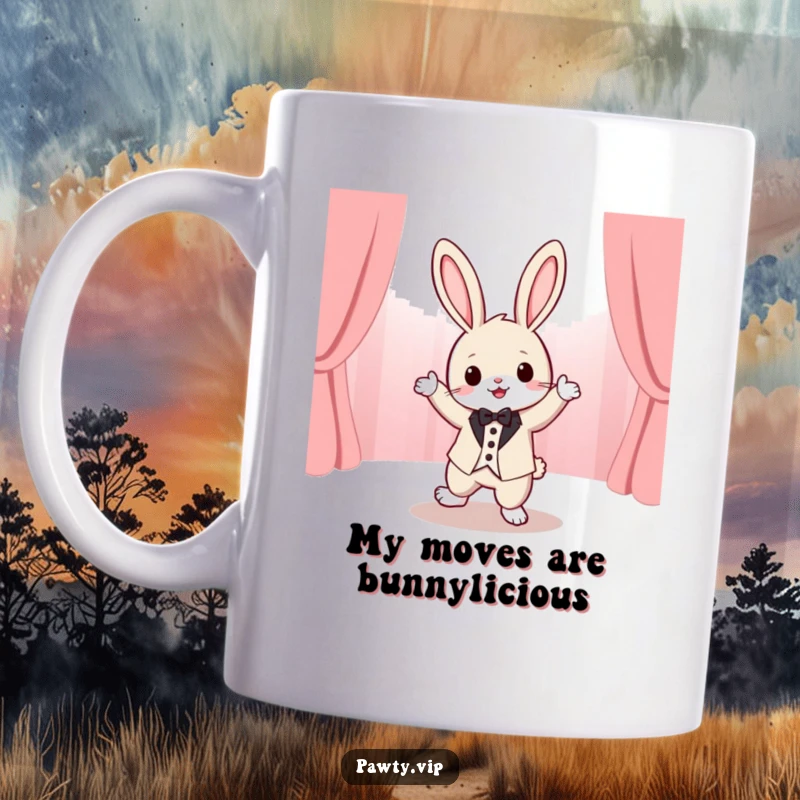 Funny tuxedo rabbit character adorably dancing with wild abandon on a brightly lit stage, bringing energetic humor and charm.