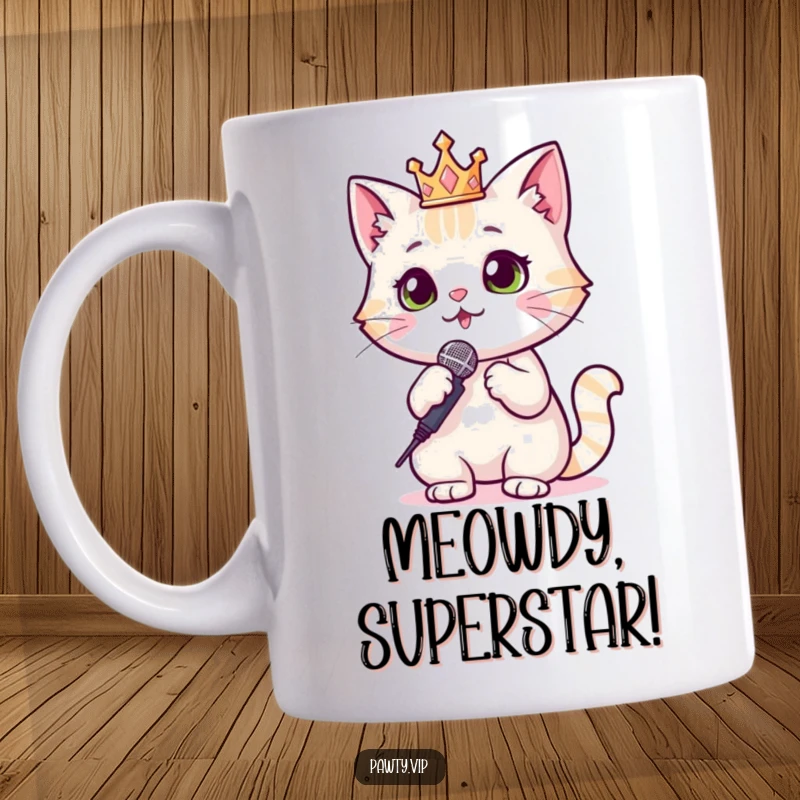 Funny Cat Queen Mug featuring a cat in a sparkly crown holding a microphone, ready to perform like a star.
