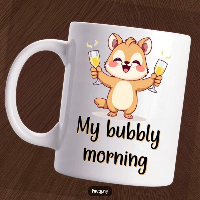 Funny happy animal character expertly juggling champagne flutes, depicted on a mug for celebrations.