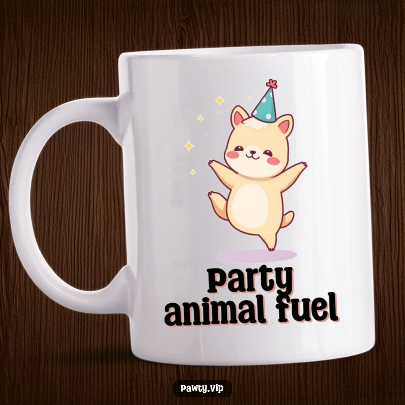 Funny energetic animal dancing with sparkles and wearing a party hat, depicted on a mug.