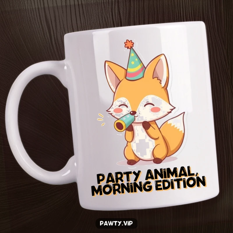 Funny fox wearing a party hat and blowing a noisemaker, celebrating joyfully on a mug, perfect for humor enthusiasts.