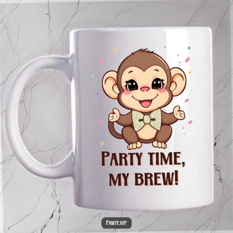 Funny Monkey Mug: A dapper monkey in a glittery bow tie joyfully throws confetti, celebrating in a hilarious party mood.