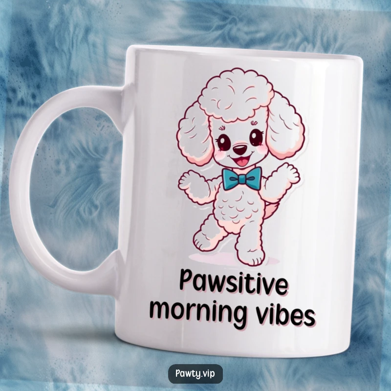 Funny cute poodle wearing a fancy bow tie, dancing energetically with joy, on a mug, exuding sophisticated and playful charm.